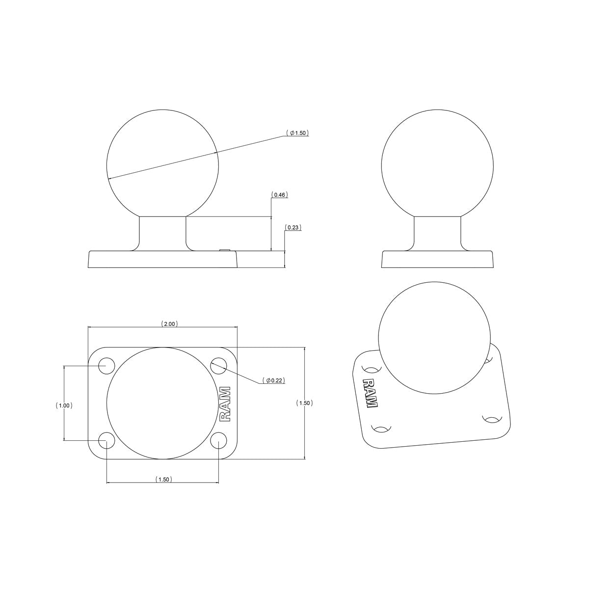 RAM® Ball Base with 1" x 1.5" 4-Hole Pattern - C Size (RAM-202U-152)