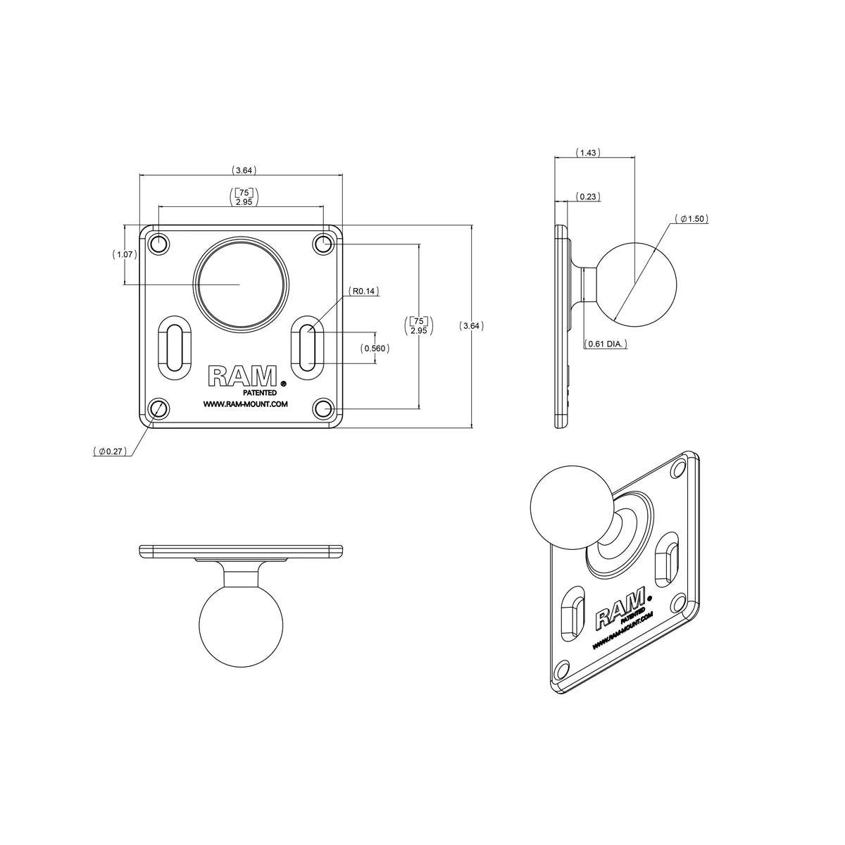 RAM 75mm X 75mm VESA Plate with 1.5" Ball (RAM-2461U)
