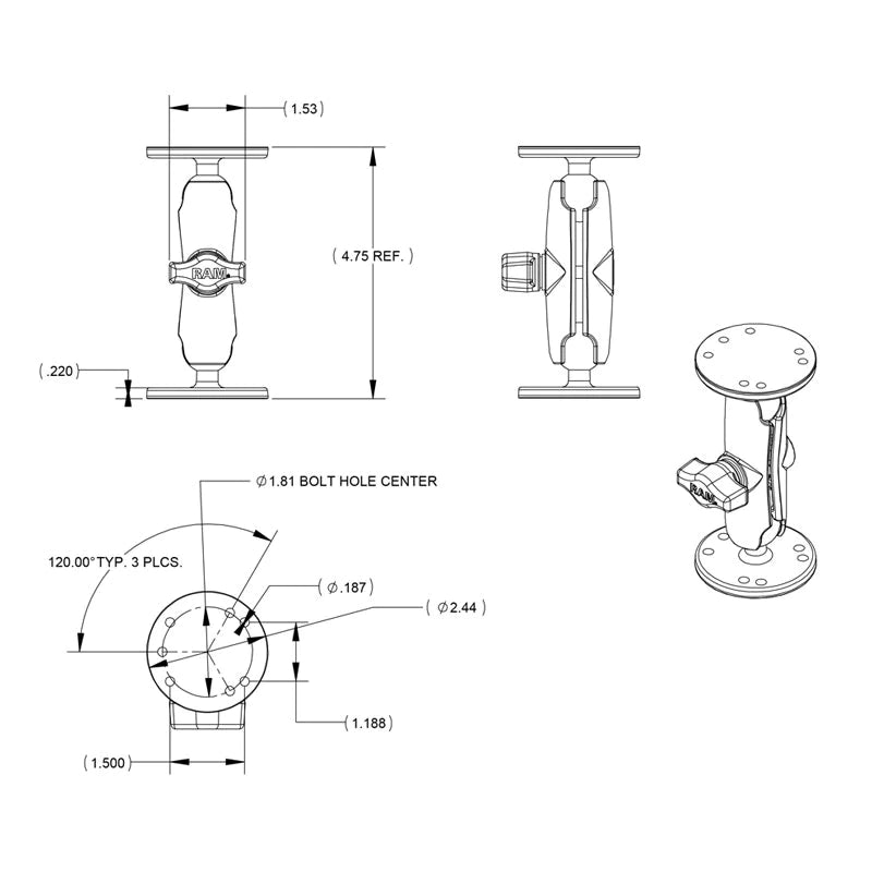 RAM-B-101U - RAM 1" Ball Mount w/ 2/2.5" Round Base - Image1