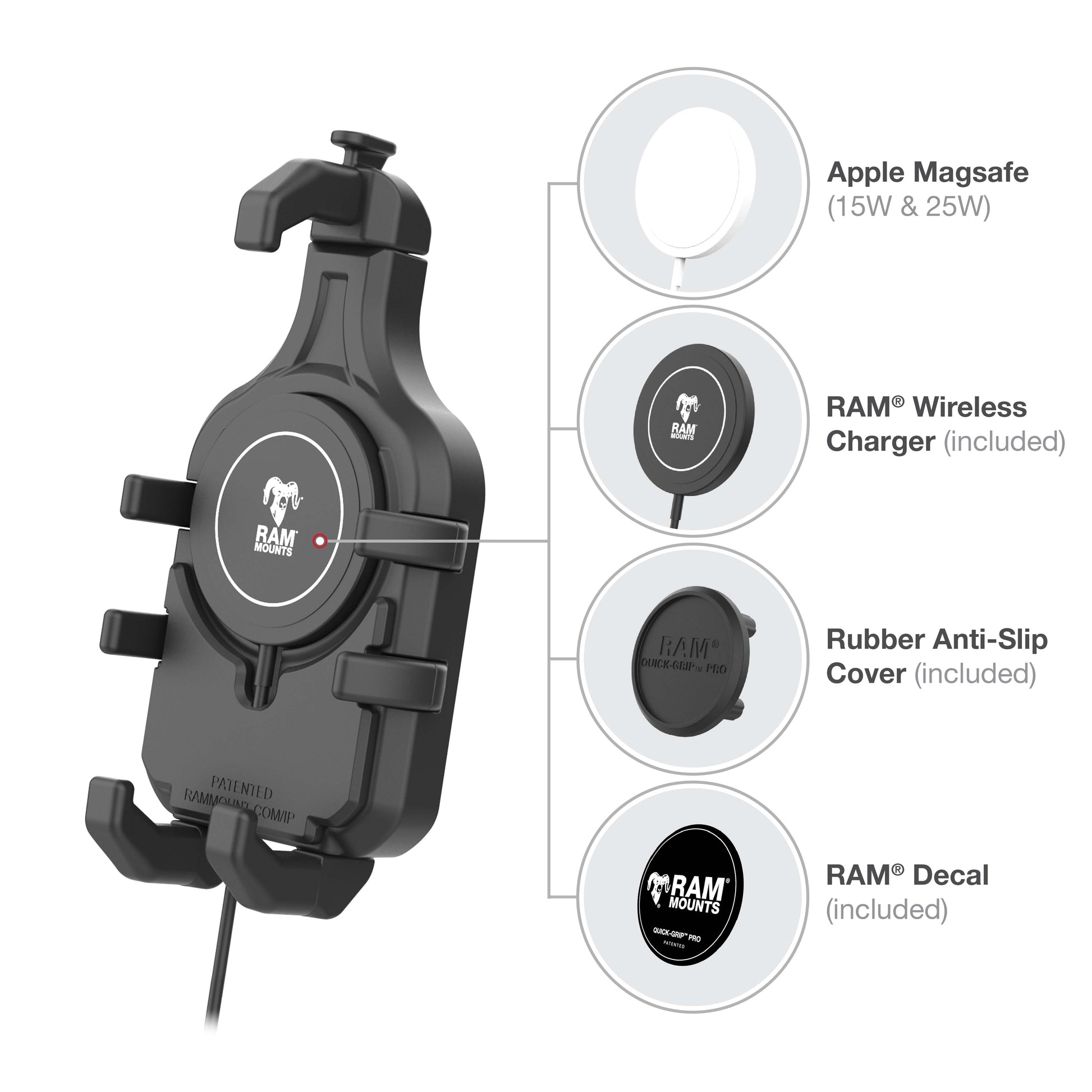 RAM® Quick-Grip™ Pro Phone Handlebar Mount with Qi2 15W Wireless Charger (RAM-B-149Z-PD5-W2MU)