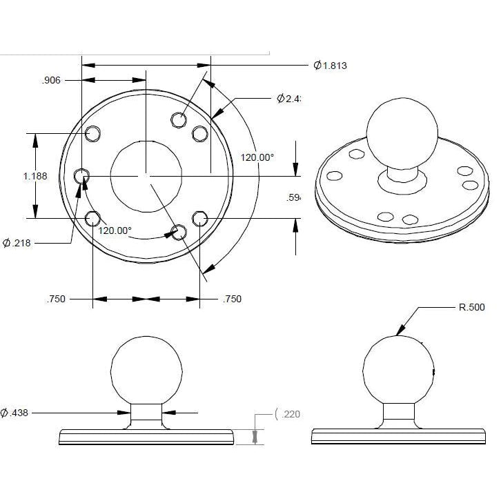 RAM 2.5" Round Plate with AMPs Hole Pattern (RAM-B-202U)