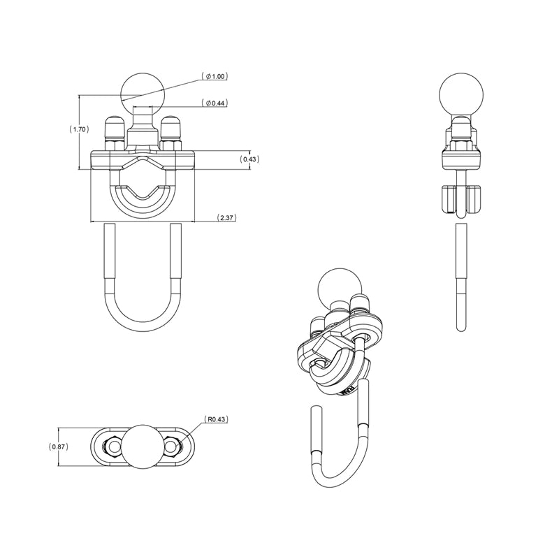 RAM Zinc U-Bolt Rail Base with 1" Ball (RAM-B-231ZU)