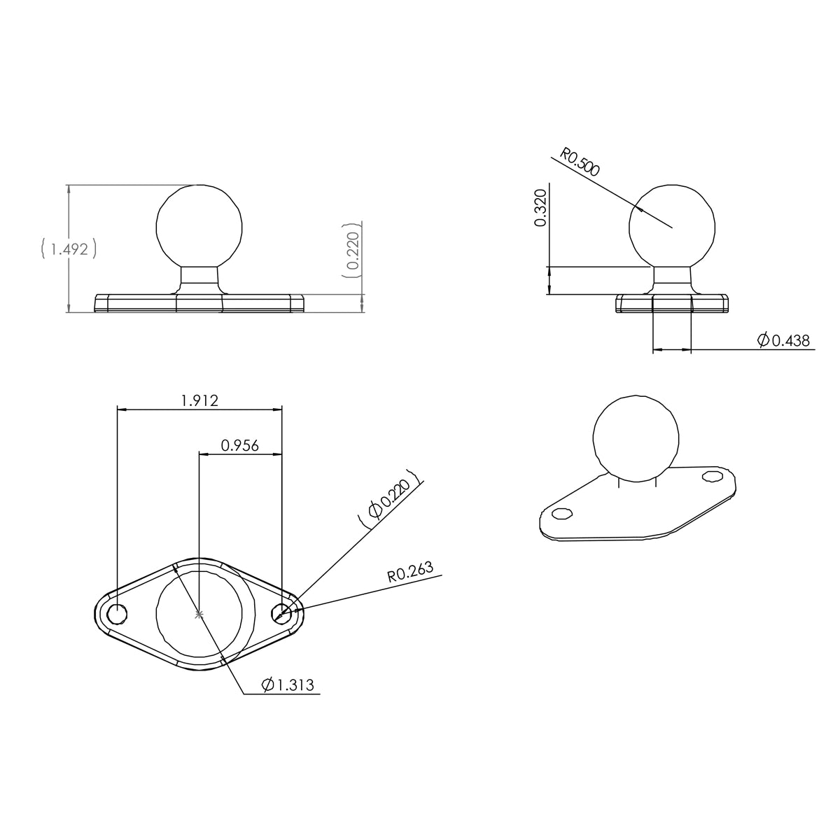 RAM Diamond Plate with B Size 1" Ball (RAM-B-238U)