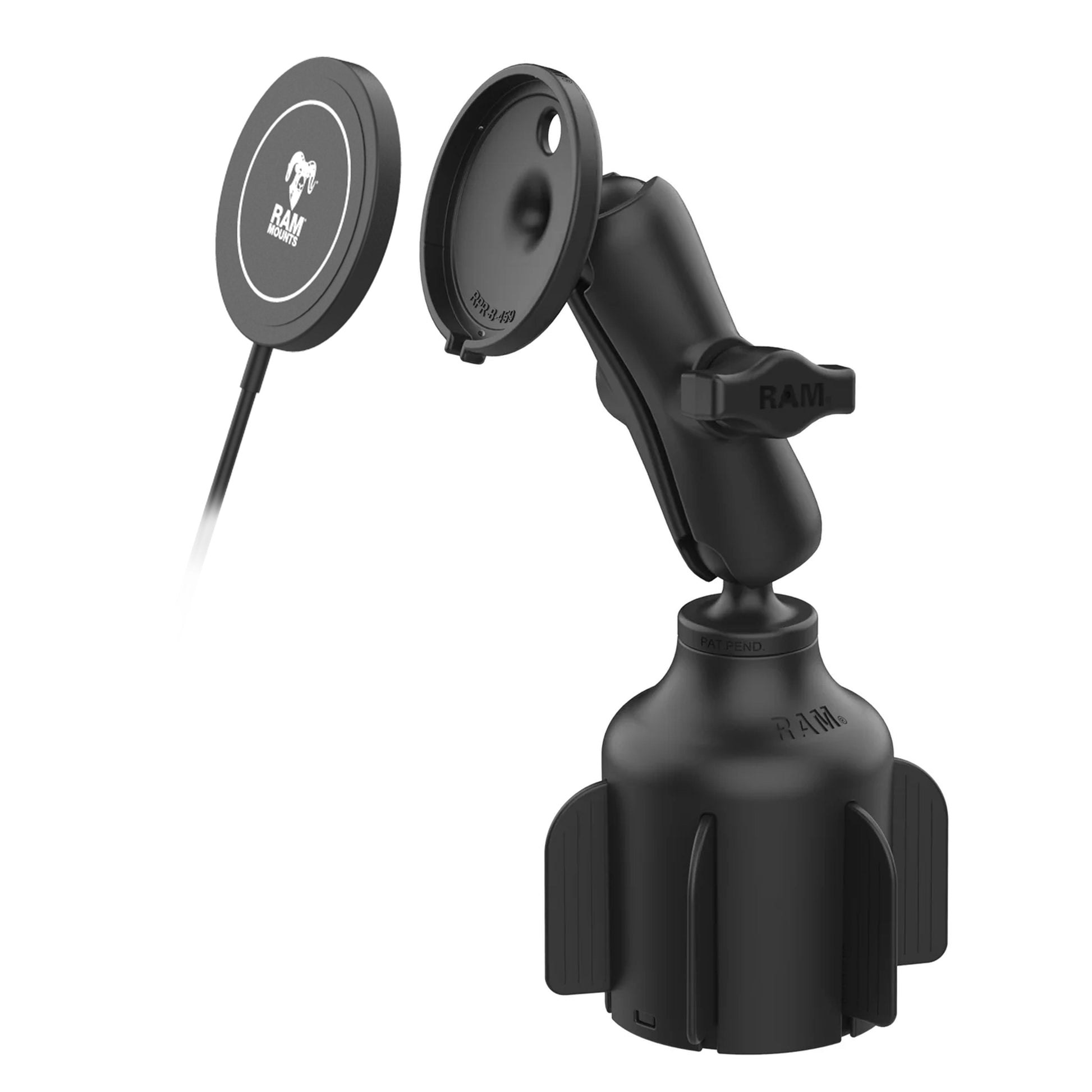 RAM® Stubby™ Cup Holder Mount with RAM® Qi2 15W Wireless Charger (RAP-B-299-4-AP-MAG-1-W2MU)