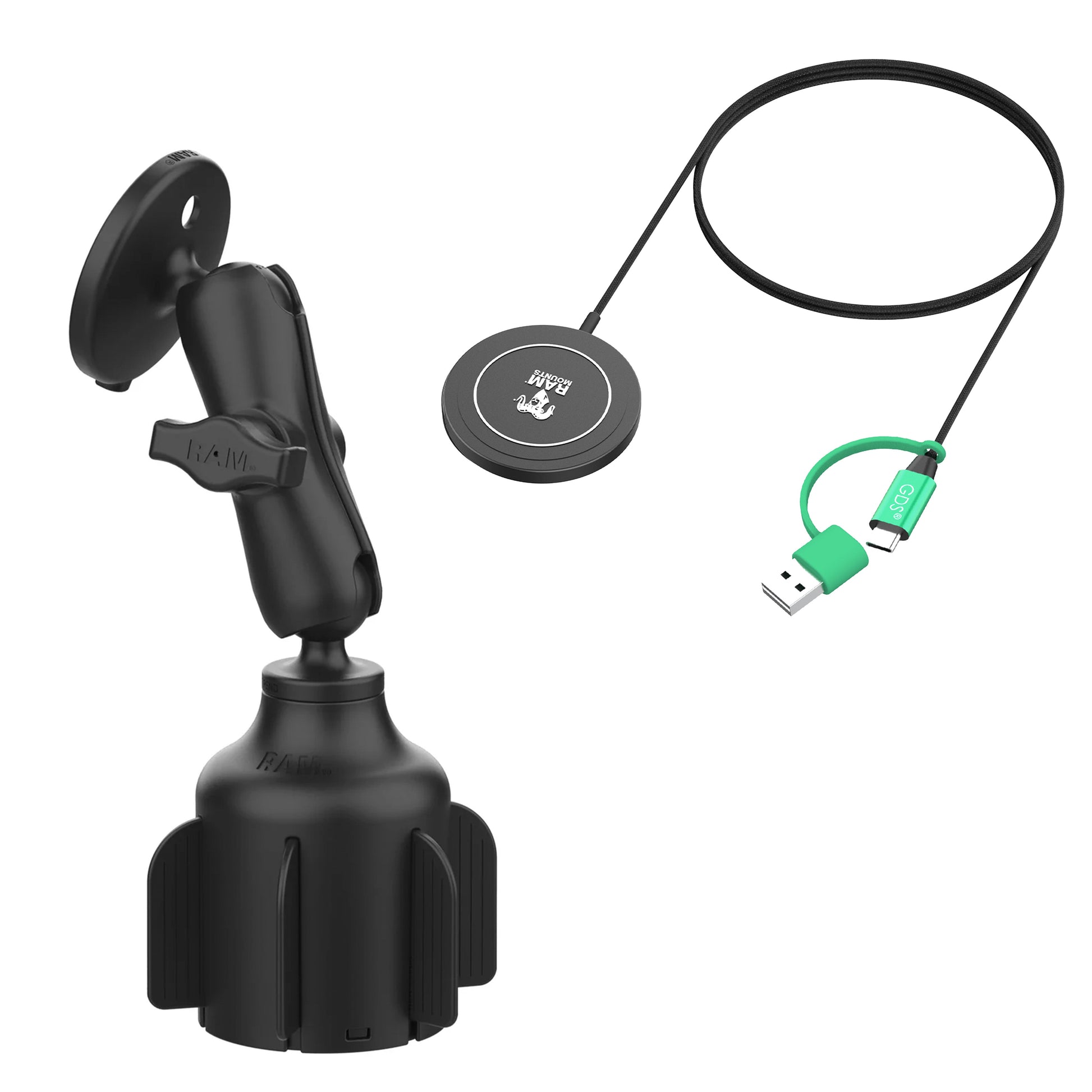 RAM® Stubby™ Cup Holder Mount with RAM® Qi2 15W Wireless Charger (RAP-B-299-4-AP-MAG-1-W2MU)