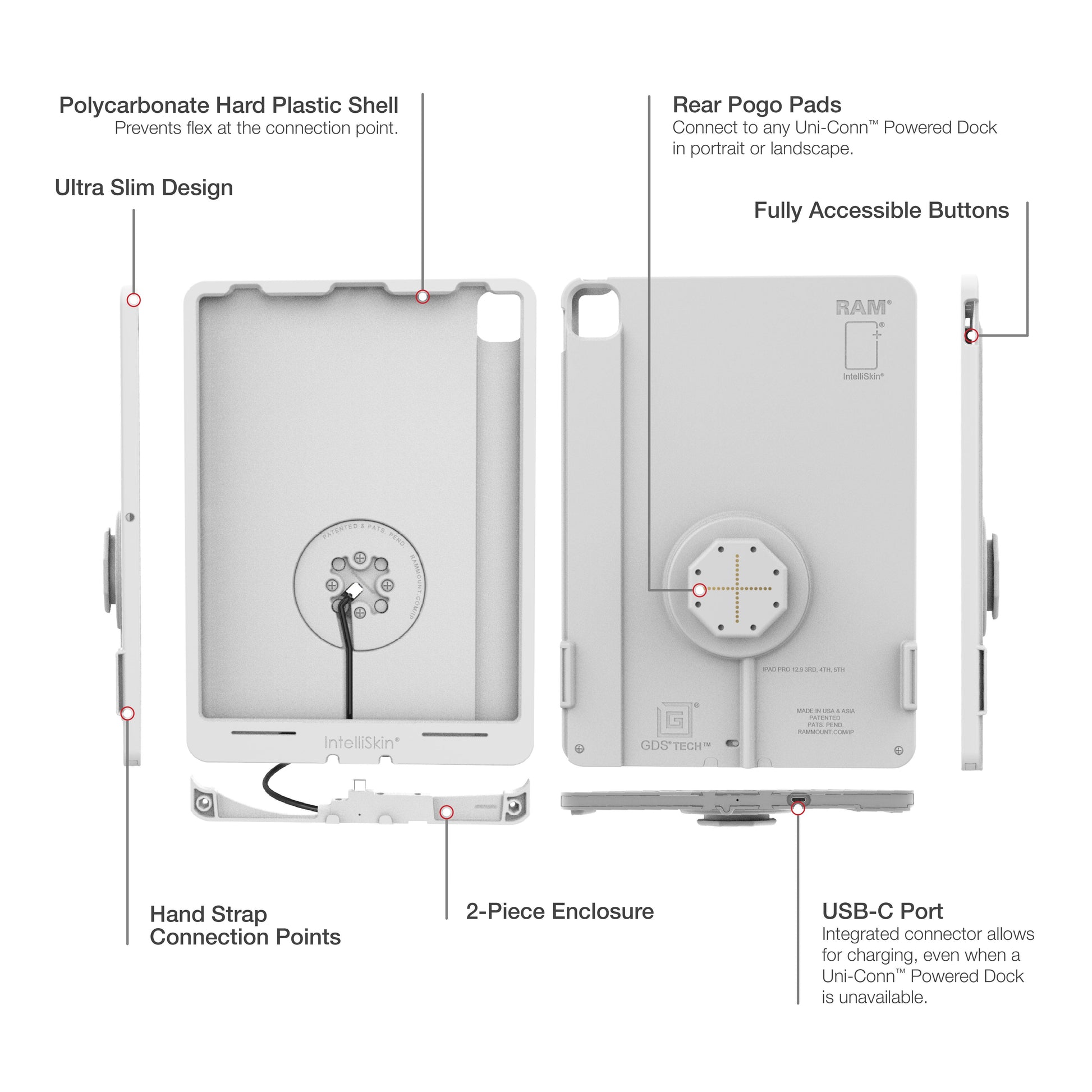 IntelliSkin® Thin-Case™ for iPad Pro 12.9 3-5 Gen (Rear Pogo Pads) Gray (RAM-GDS-SKIN-AP37-TCB-GRY)