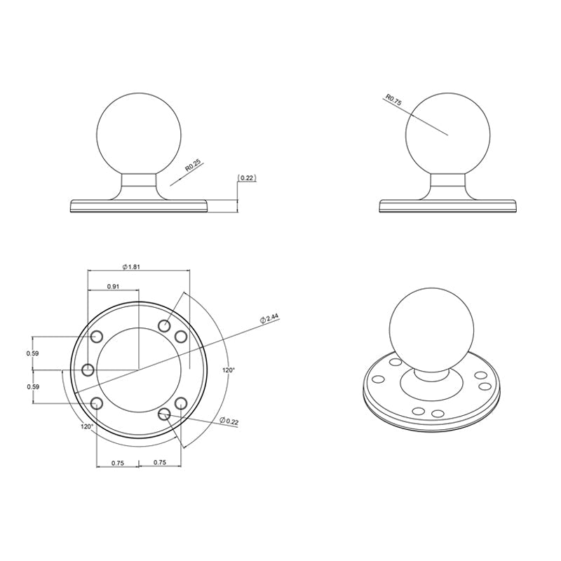RAM 2.5" Round Plate with AMPs Hole & C Size 1.5" Ball (RAM-202U)