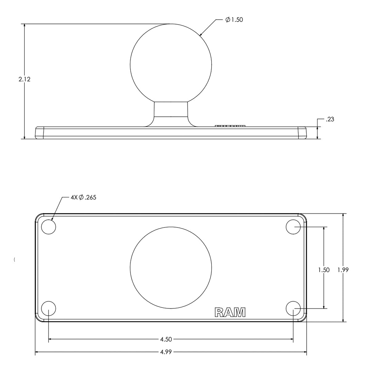 RAM® Ball Base with 1.5" x 4.5" 4-Hole Pattern - C Size (RAM-202U-25)