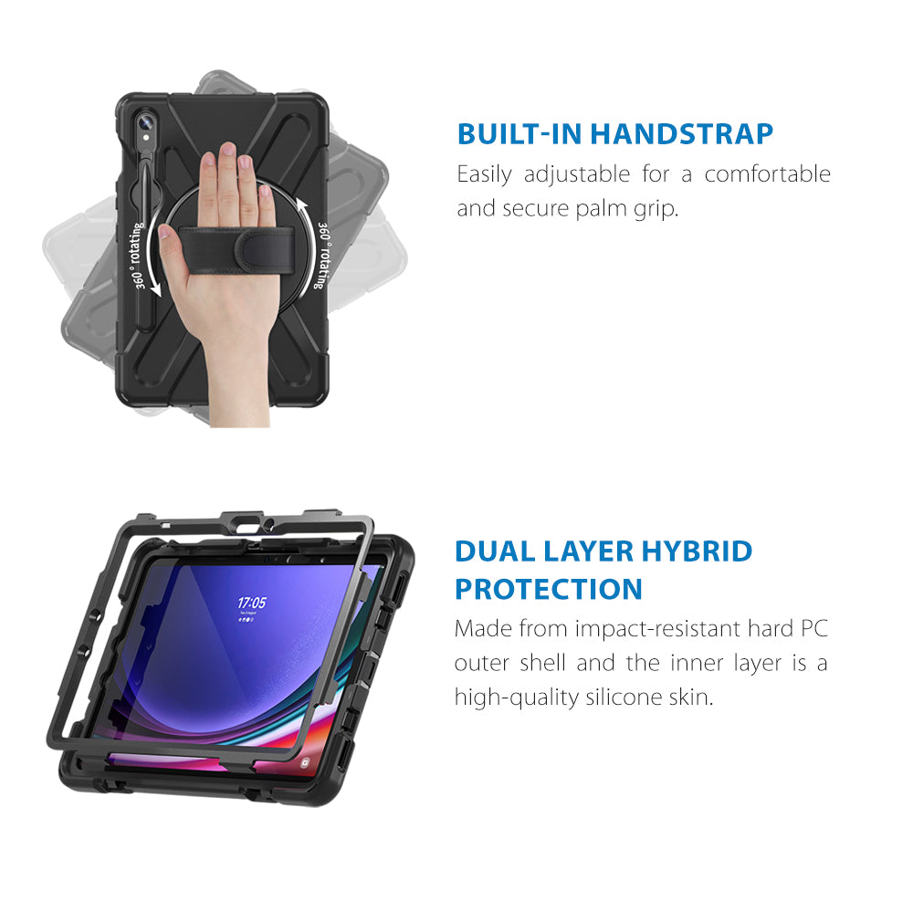 Strike Rugged Case with Hand Strap and Lanyard for Samsung Galaxy Tab S10 Lite/S10 FE/S9 FE/S9/S8/S7