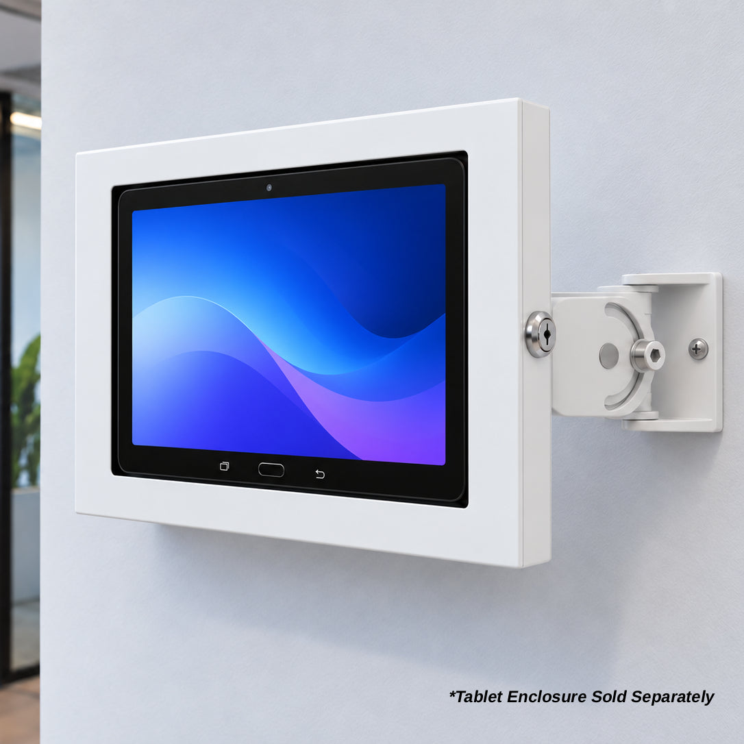 Tablet display mount bracket with tablet enclosure in white