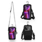 Black crossbody phone pouch shown in three views on a white background: front view with a long strap, back view with a strap, and a front-facing phone insert view. The pouch has a clear front window, black straps, a carabiner hook, and a front zip pocket.