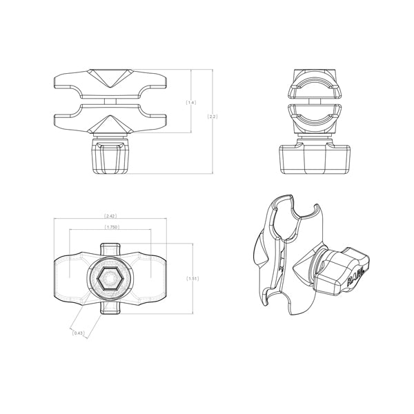 RAM Short Double Socket Arm for B Size 1" Balls (RAM-B-201U-A)