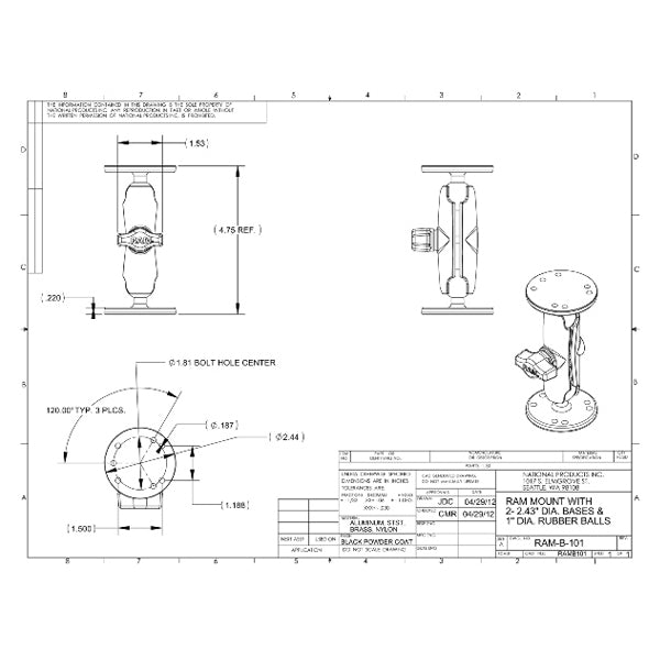 RAM Garmin 7200 1" Ball Mount w/ Round Bases & Mounting Hardware (RAM-B-101-G3U)
