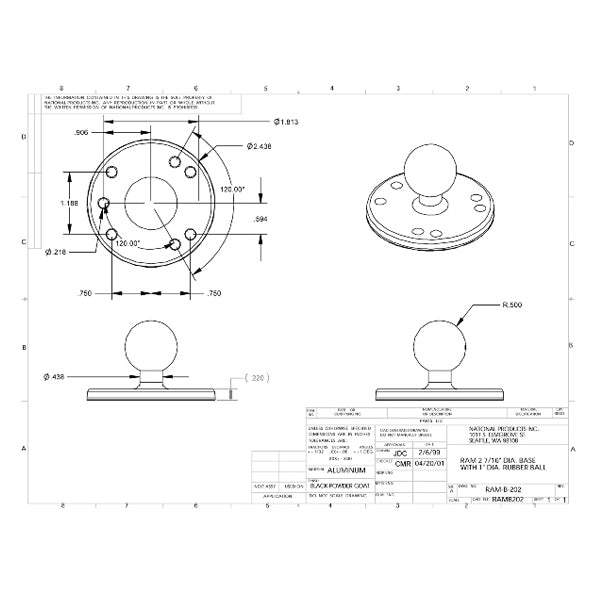 RAM Chrome 2.5" Round Base w/ the AMPs Hole Pattern & 1" Ball (RAM-B-202CHU)