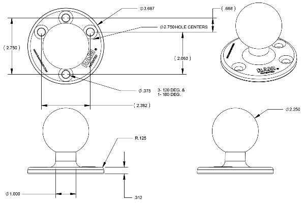 RAM 3.68" Dia Round Plate with 2.25" Ball (RAM-D-202U)